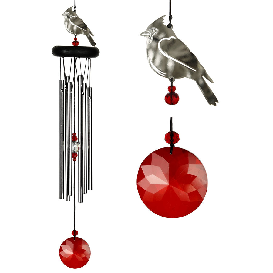chime and close-up of cardinal and windcatcher on white backgground.