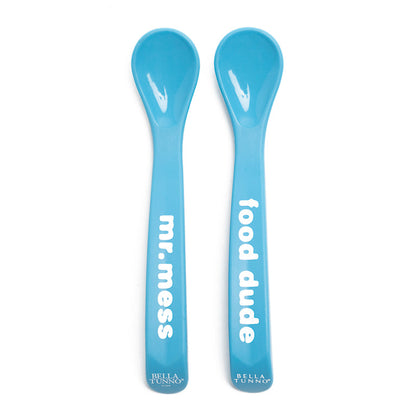 blue mr mess and food dude spoon set displayed on a white background