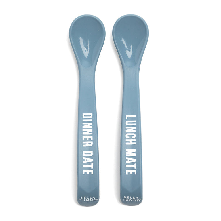 blue dinner and lunch spoon set with text "lunch mate" and "dinner date" on a white background
