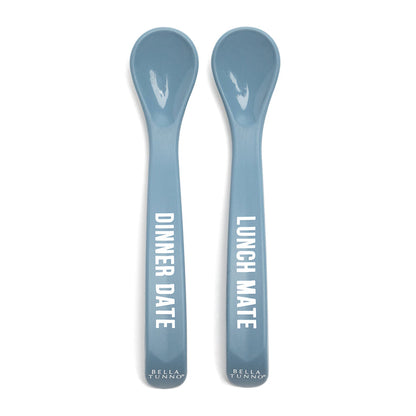 blue dinner and lunch spoon set with text "lunch mate" and "dinner date" on a white background