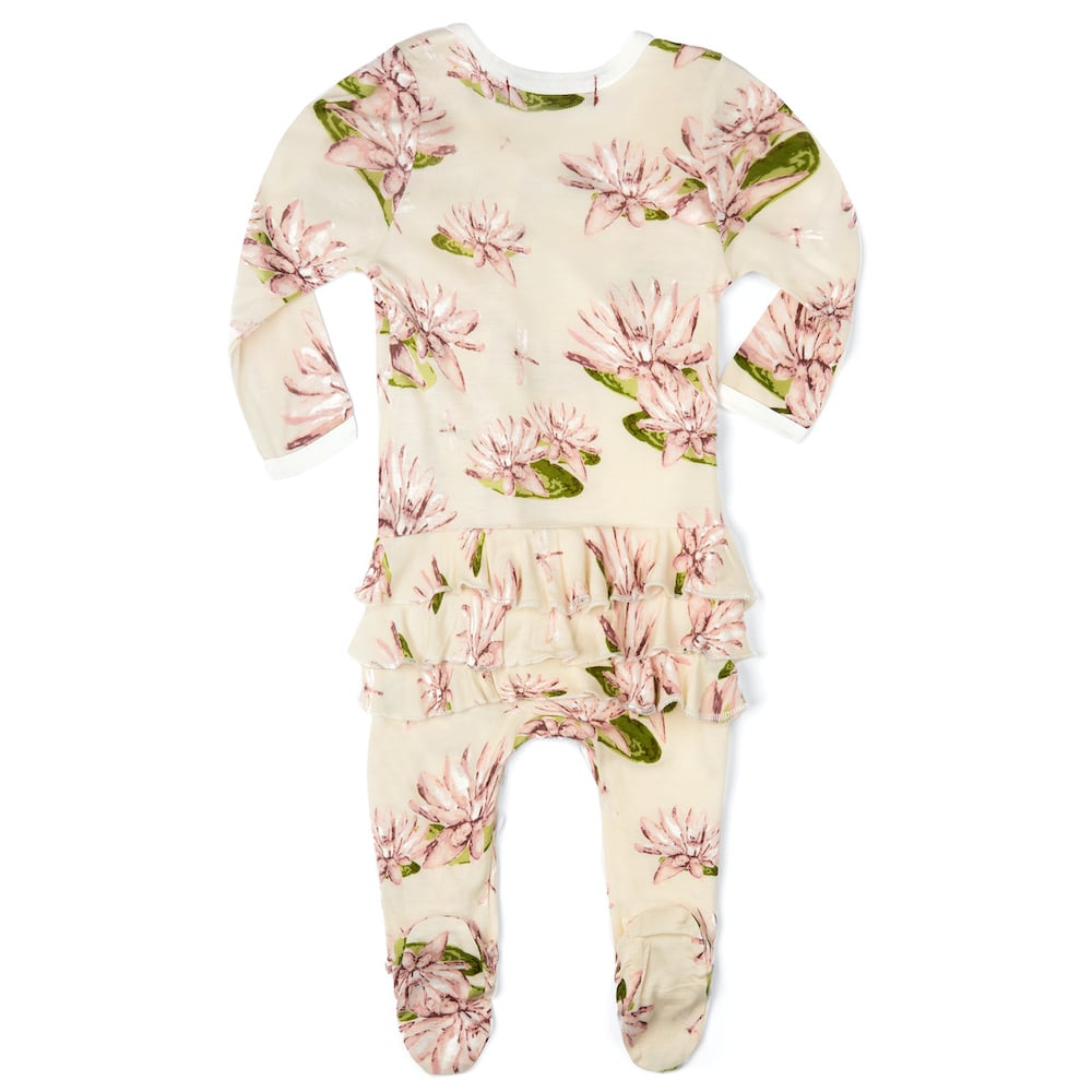 back view of the water lily ruffle rooted romper displayed on a white background