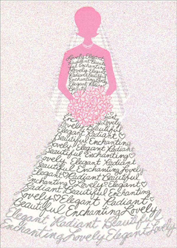 front of card is a drawing of a silhouette of a woman in a wedding dress made of words radiant enchanting beautiful