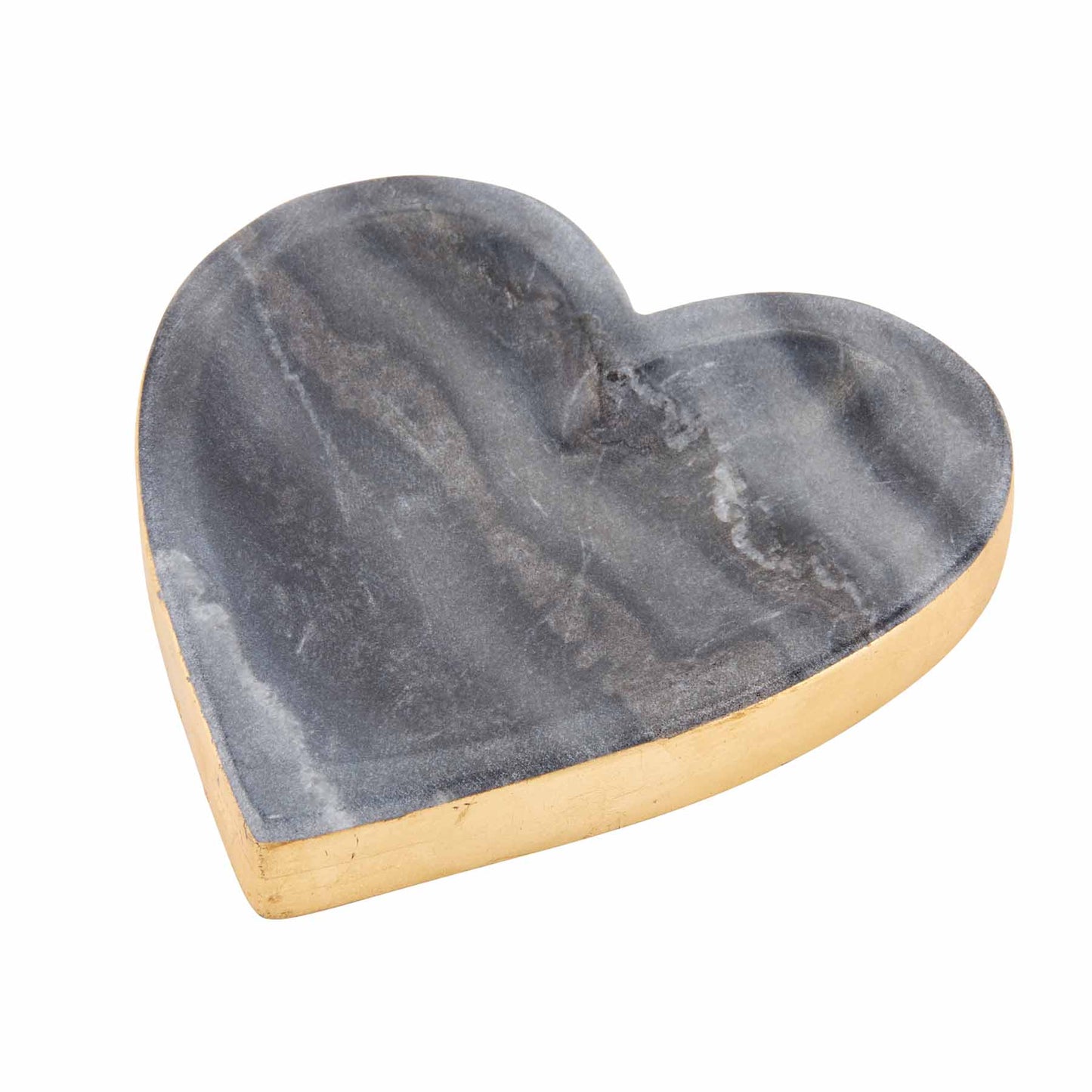 grey marble heart with gold edge trinket tray on a white background