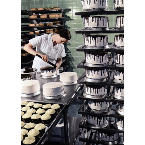 front cover of card has a picture of a woman decorating multiple cakes and a stack of decorated cakes on a multi layer rack