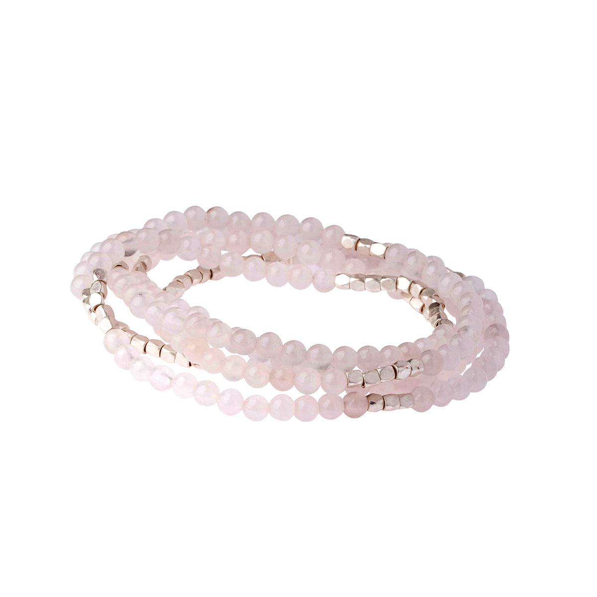 4.5 millimeter rose quarts beads interspersed with silver beads wrapped four times to form a bracelet, shown on a white background.