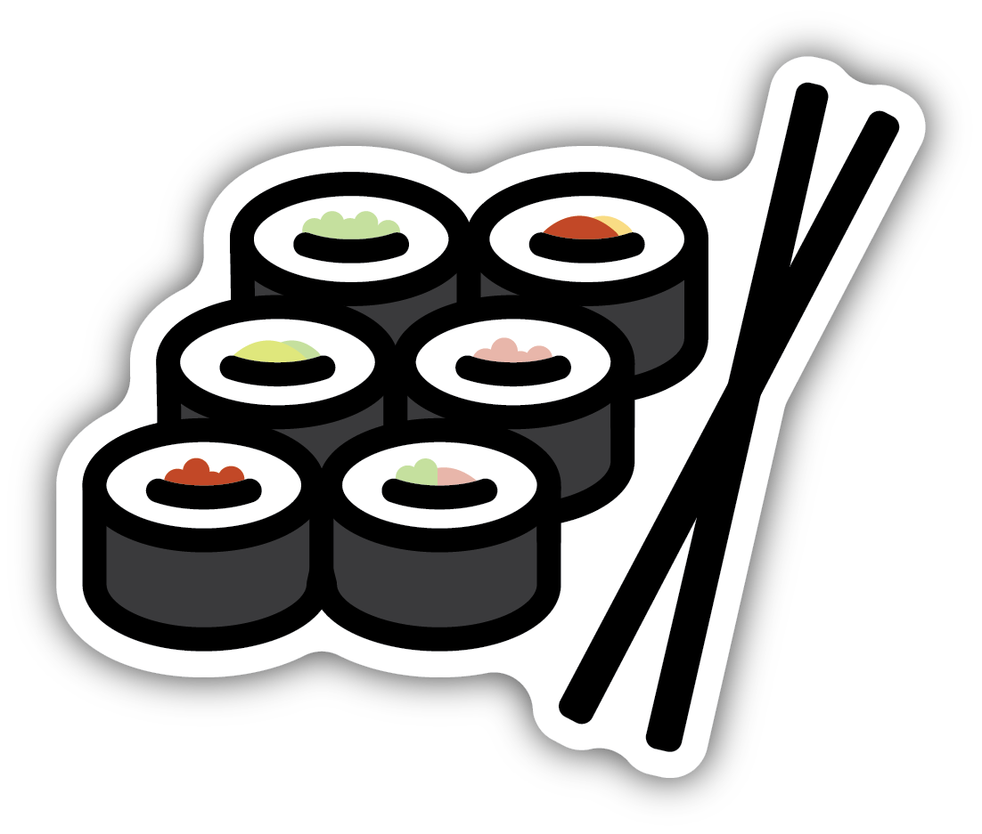 sticker on white background. sticker has graphic of six sushi rolls and a pair of chopsticks.