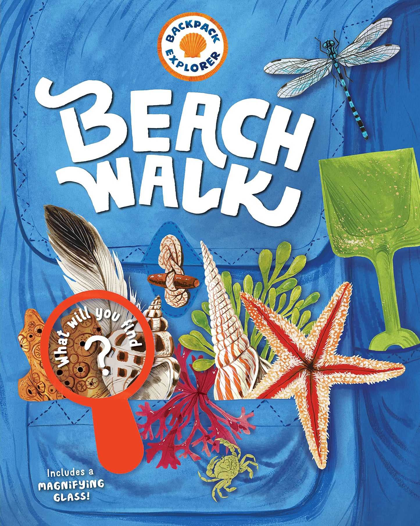 front cover has illustration of a blue backpack with sea shells sticking out of the pockets, green shovel, and title in white