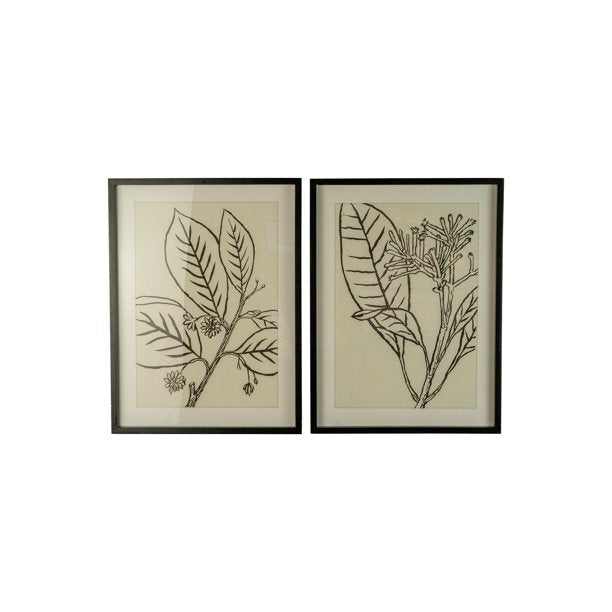 two different framed black leaf prints on a white background