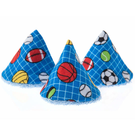 three sport patterned pee-pee teepees on a white background