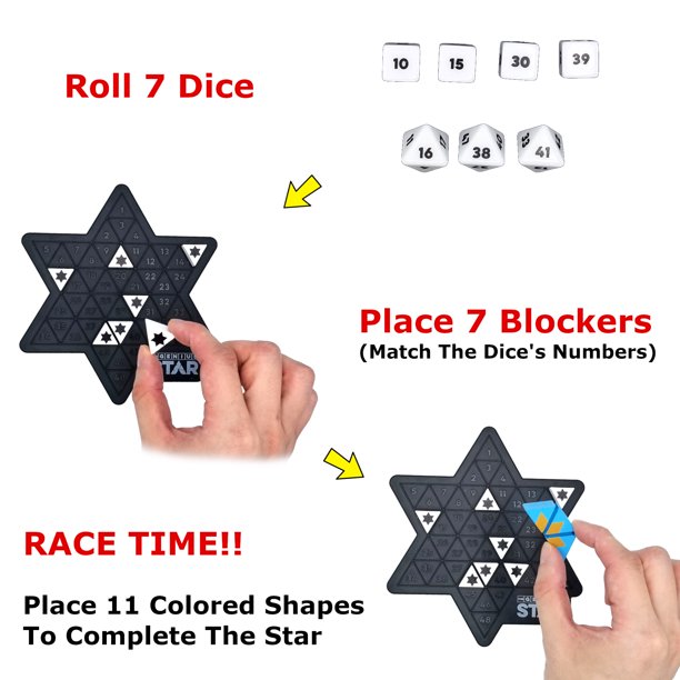 hands moving game pieces on star board, assorted dice, and instructions.