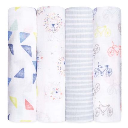 four leader of the pack cotton muslin swaddles on a white background 