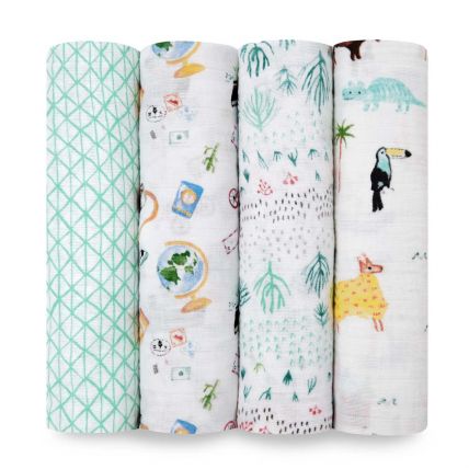 four around the world cotton muslin swaddles on a white background 