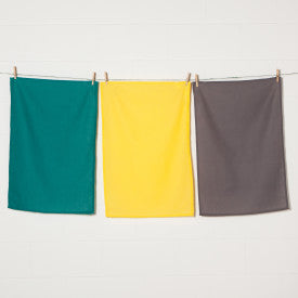3 flour sack dishtowels hanging on line with clothespins: one each of teal, yellow, and grey.