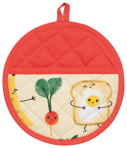 back of funny food shaped potholder with pocket on a white background