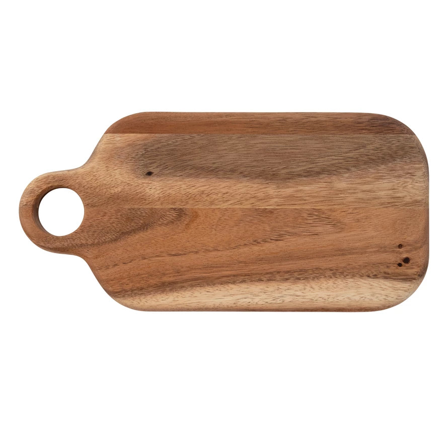 long wooden board with round loop handle.