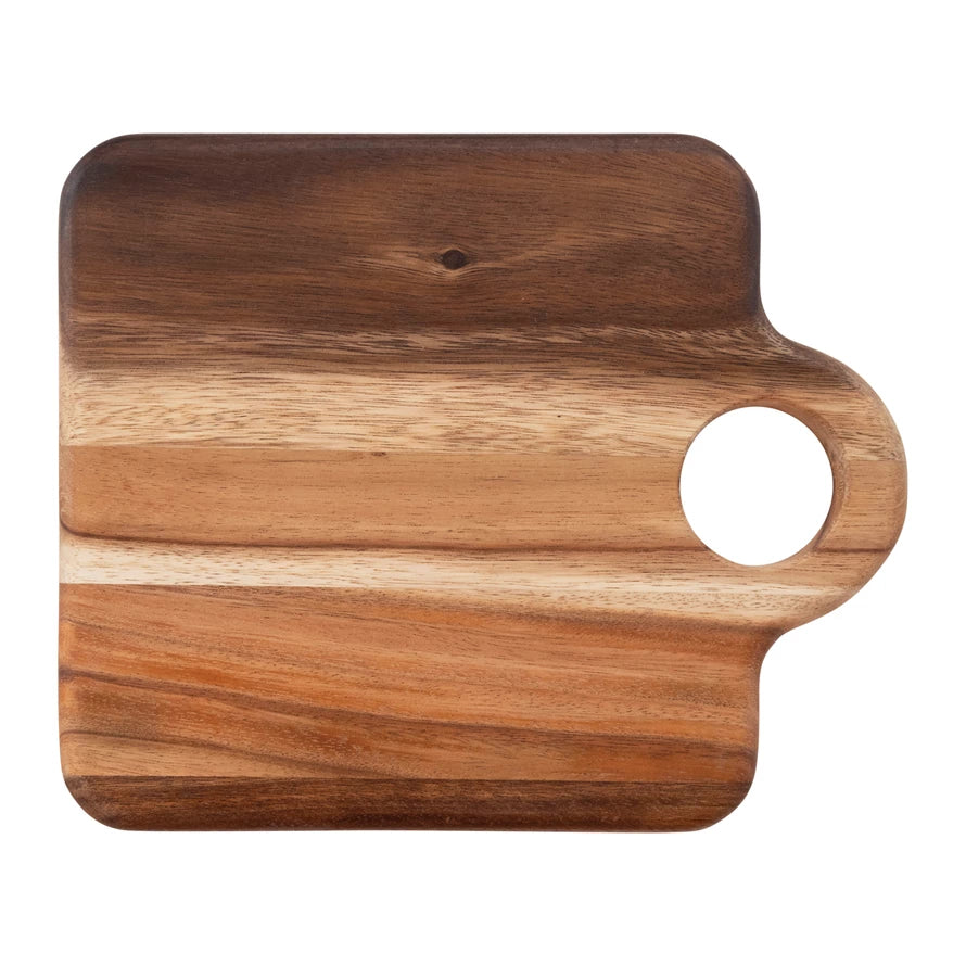 square  wooden board with round loop handle.
