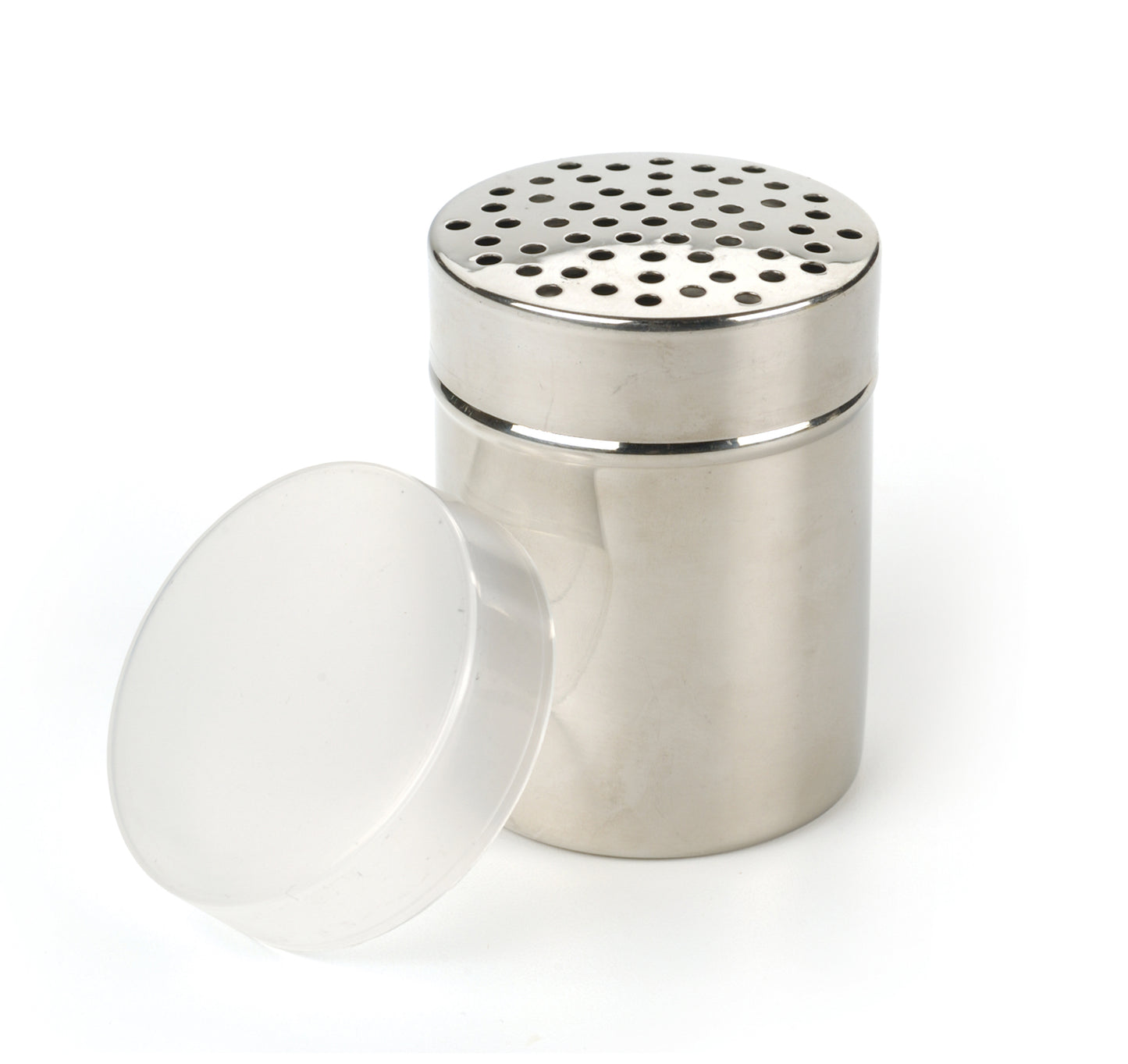 stainless steel shaker with wide holes in lid and plastic lid cover leaning against it.