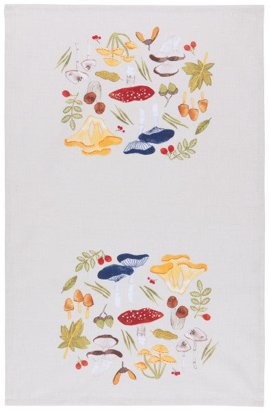 field mushrooms printed cotton dishtowel displayed on a white background