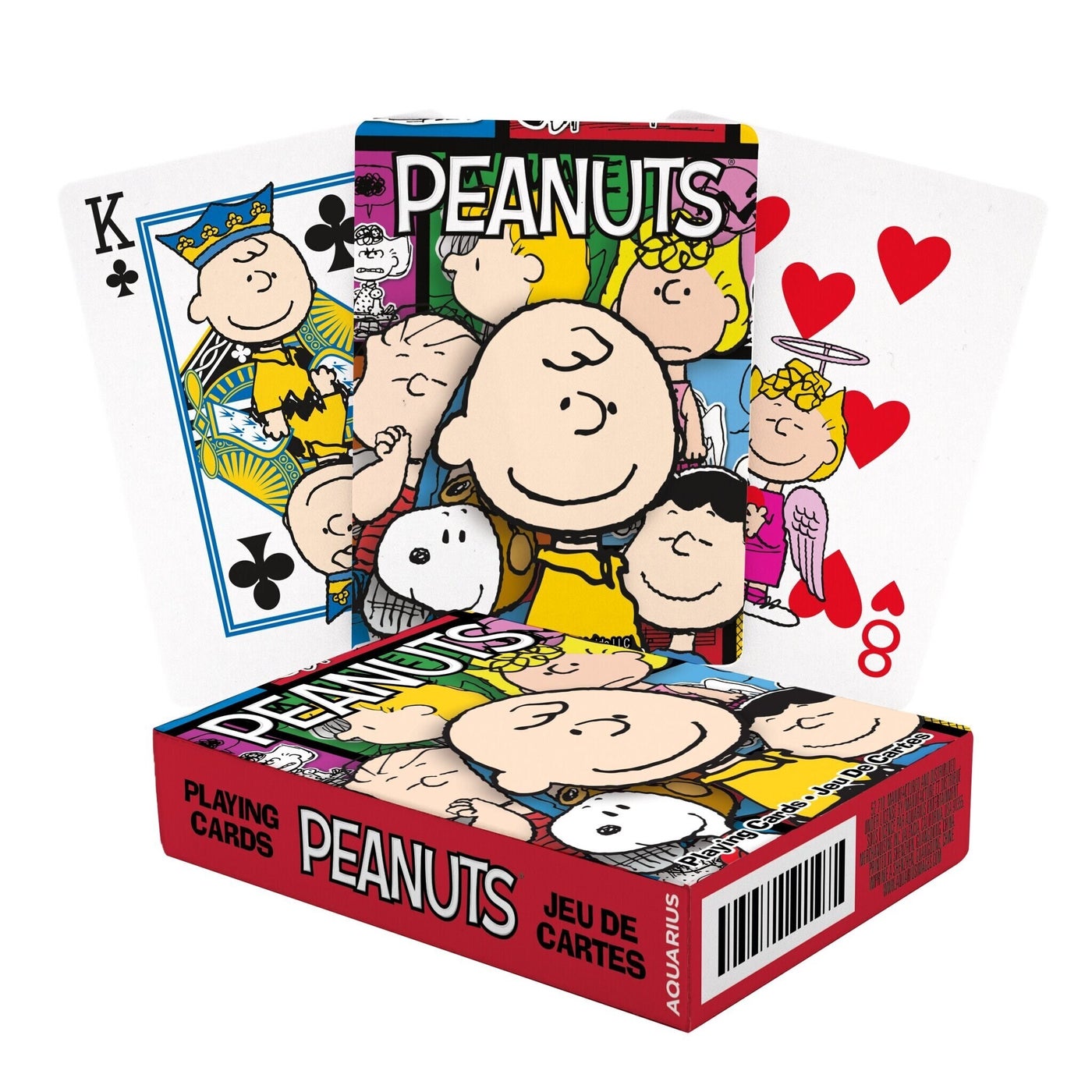 peanuts cast playing cards fanned out behind the box on a white background