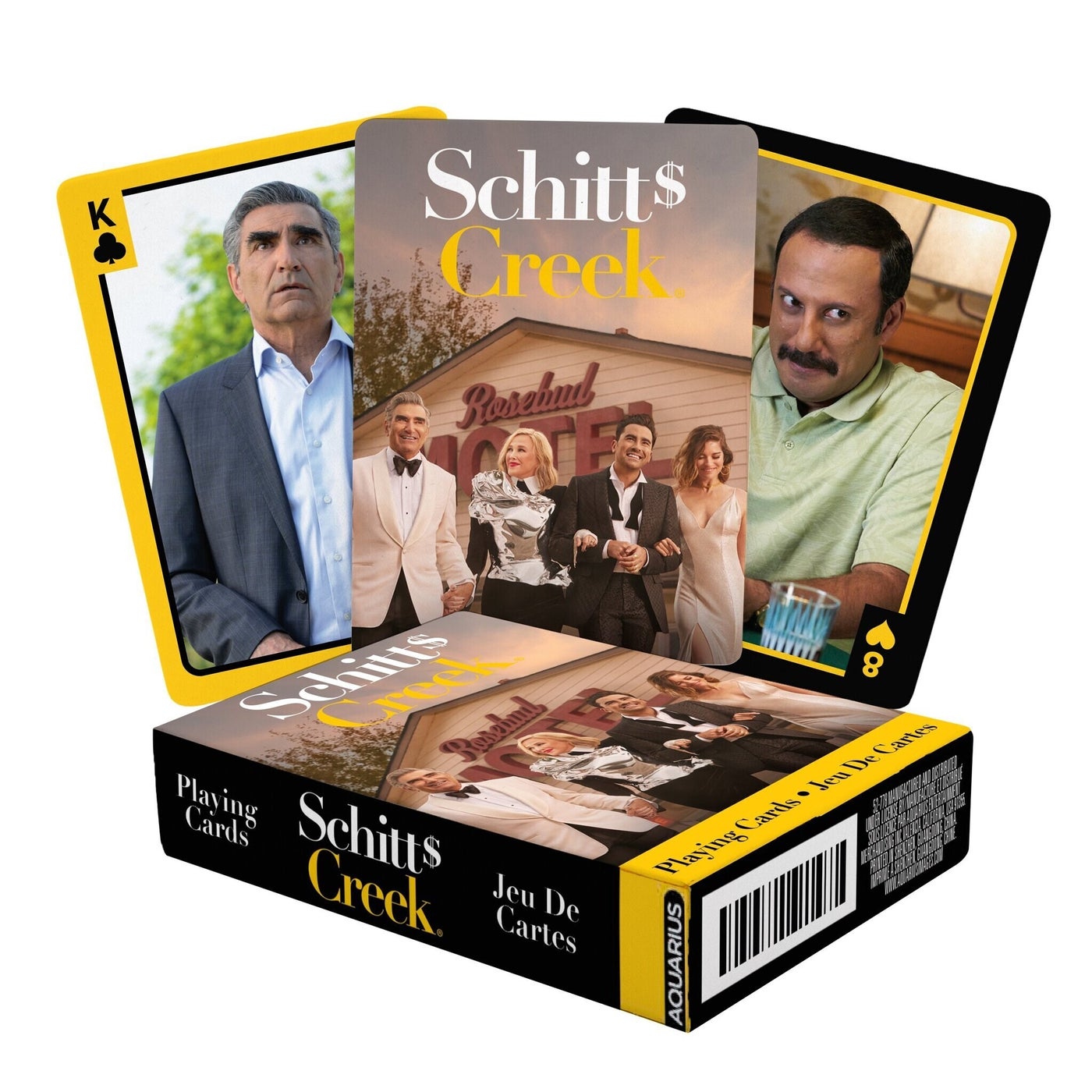 schitt's creek playing cards fanned out behind the box on a white background