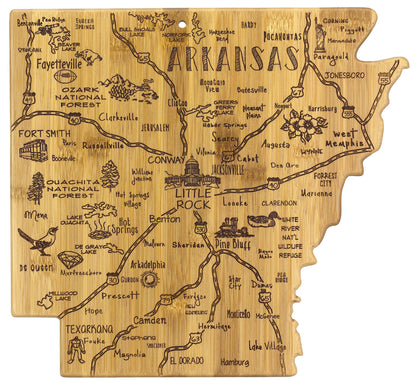 Arkansas shaped board laser cut with Arkansas cities and roads.