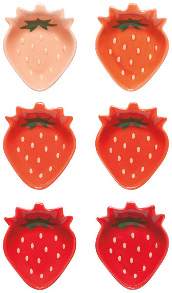 six berry sweet pinch bowls shaped like strawberries displayed on a white background