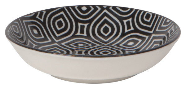 side view of dish with black geometric design on the interior.