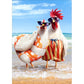 front of card is a photo of a chicken couple on the beach in bathing suits standing in water