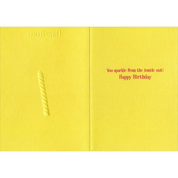 inside card is yellow with pink text you sparkle from the inside out happy birthday