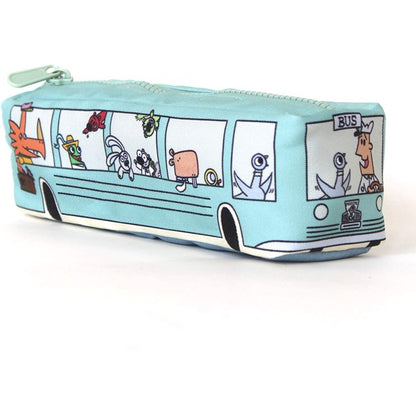 rectangular zipper bag printed with image of a bus with various animals inside on a white background.