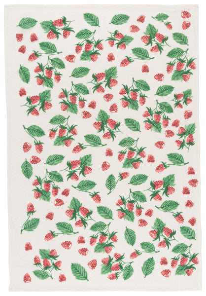 flat off-white towel with and all-over raspberry design.
