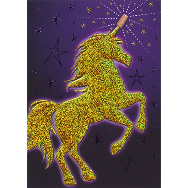 front of card is a unicorn with a cork stuck on it's horn