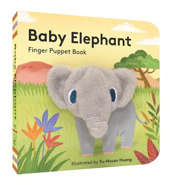 book cover with a baby elephant with puppet head in the wild, title, and illustrators name
