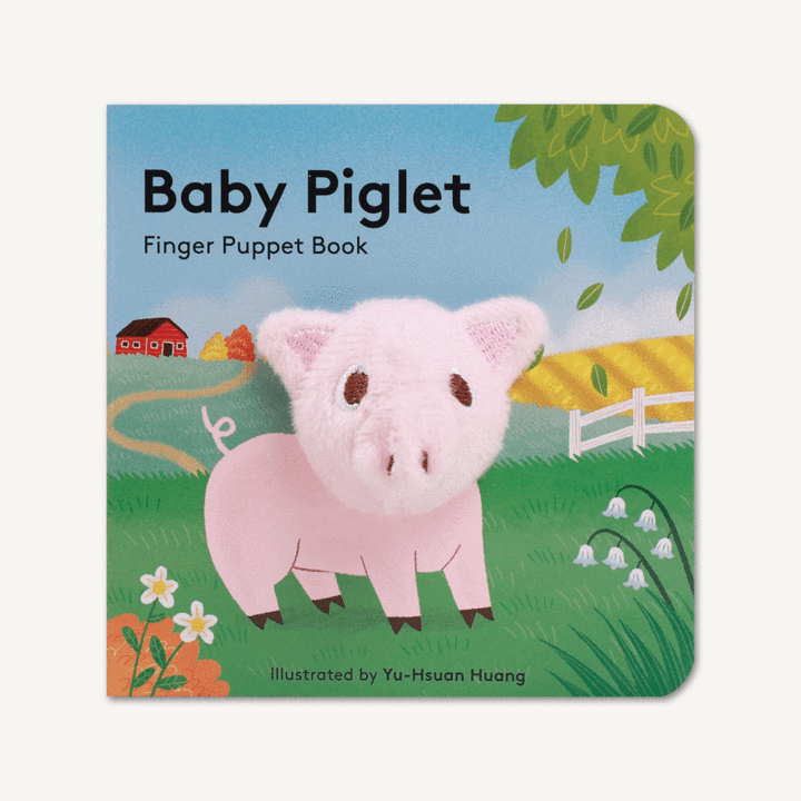 book cover with illustration of baby piglet with puppet head in a field with a barn in the background, title, and illustrators name