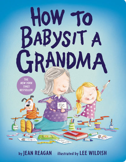 front cover of book is blue with illustration of a grandma and granddaughter sitting on the floor with craft supplies, title, authors name, and illustrators name