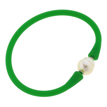 green bali freshwater pearl silicone bracelet on a white background
