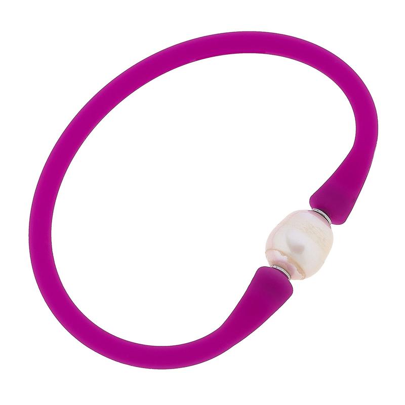 magenta bali freshwater pearl silicone bracelet on a white background