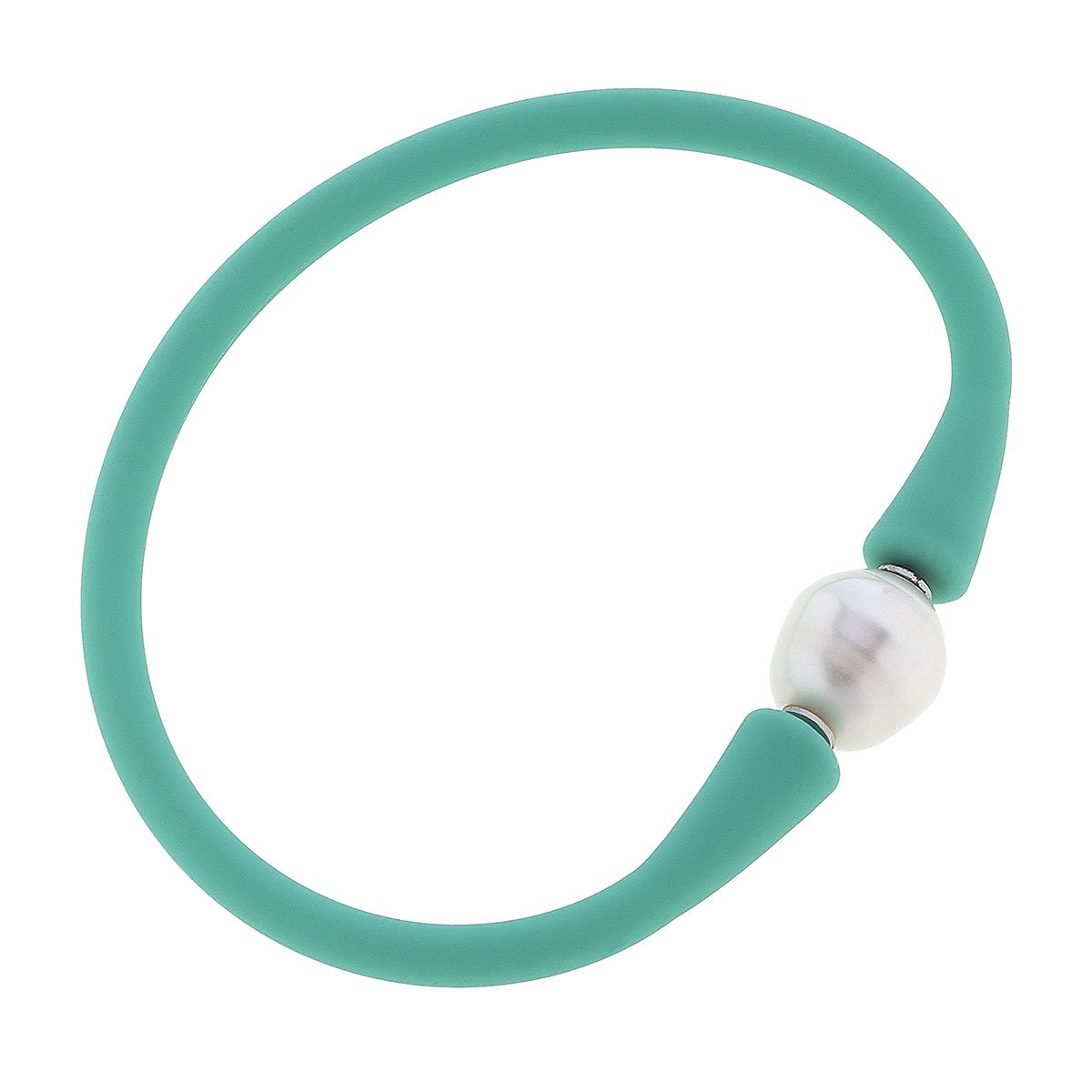 mint bali freshwater pearl silicone bracelet on a white background
