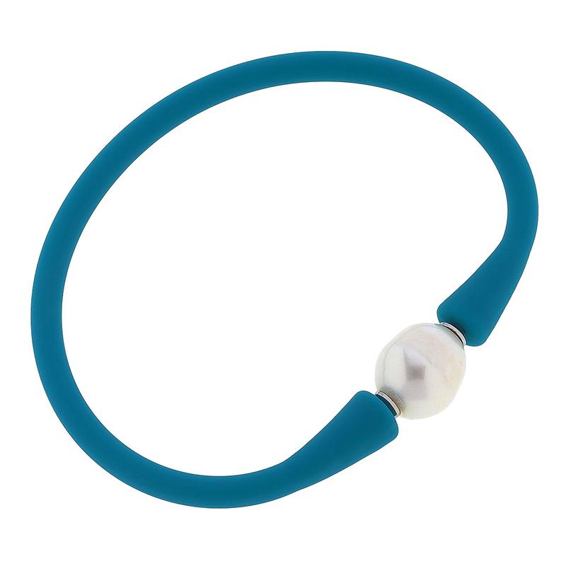 teal bali freshwater pearl silicone bracelet on a white background