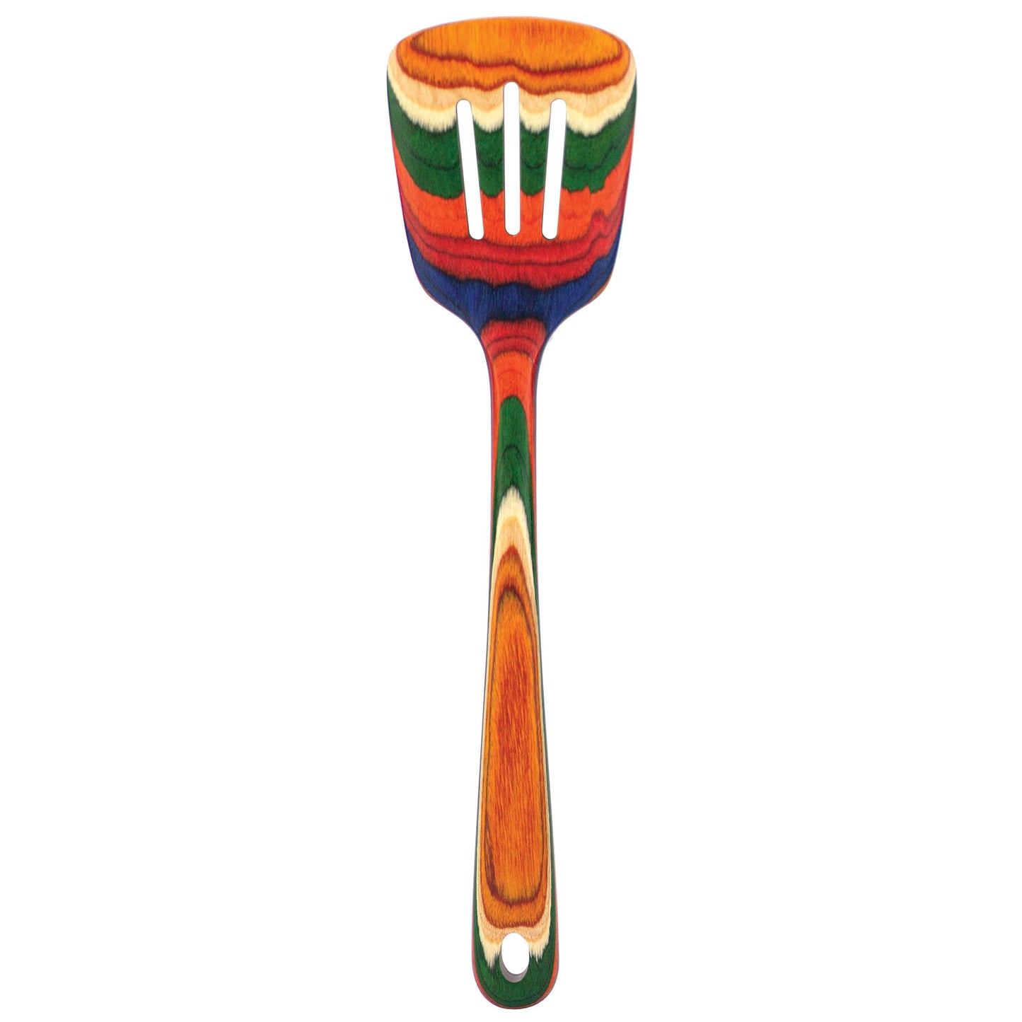 colorful wooden spatula on white background.