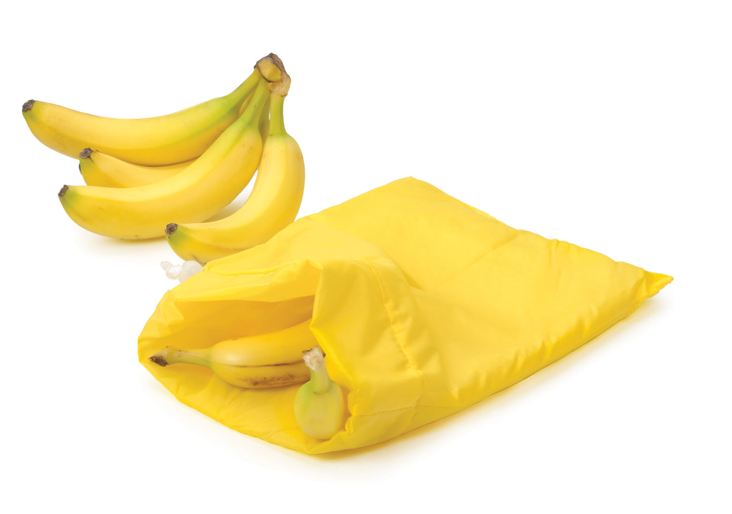 yellow banana bag with bananas inside and a bunch of bananas next to it.