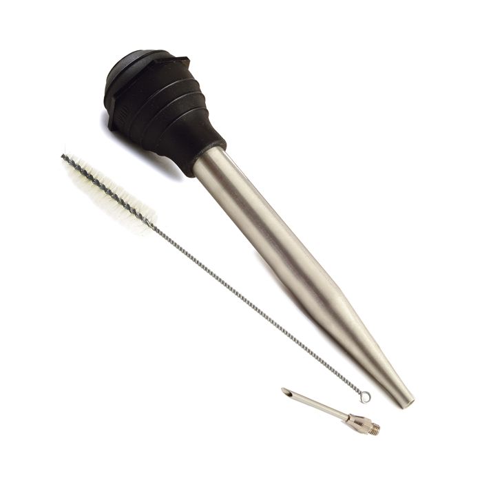 stainless steel baster with black bulb, cleaning brush, and needle attachment.