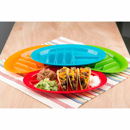 four different color taco plates and one displayed with food on a light wood surface