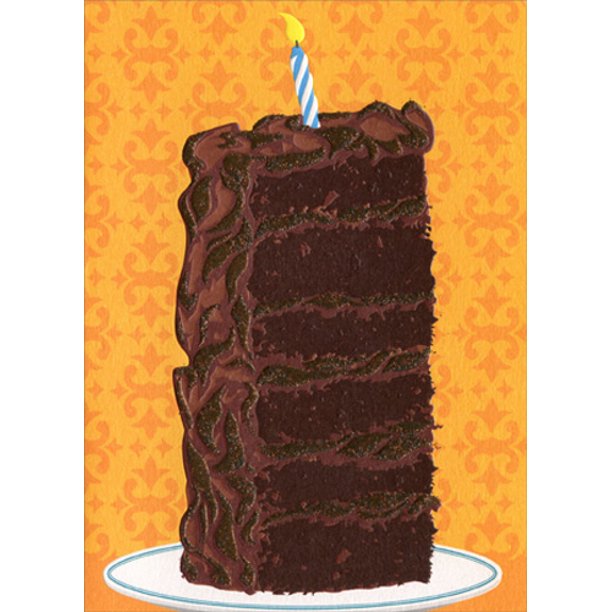 front of card is a drawing of a six layer chocolate cake with a single candle