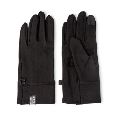 black thermaltech gloves displayed one facing up and one facing down on a white background