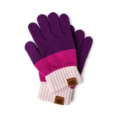 child's gloves with purple fingers, pink band in the middle, and off-white cuffs.