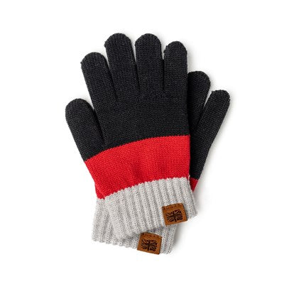 child's gloves with black fingers, red band in the middle, and off-white cuffs.