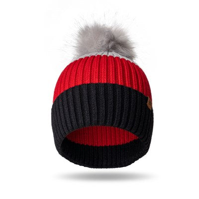 child's beanie hat with black cuff, red middle and grey top with grey pom.