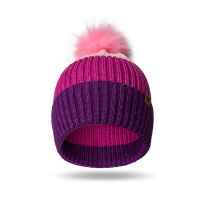 child's beanie hat with purple cuff, pink middle, light pink top and bright pink pom on top.