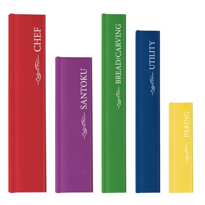 the set of five knife blade guards on a white background